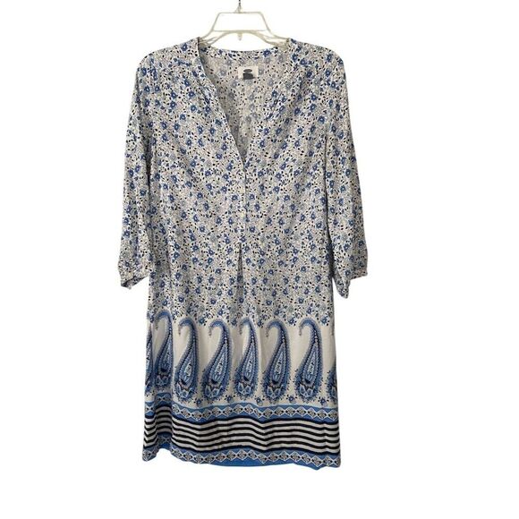 Old Navy Ditzy Floral and Paisley Blue and White 3/4 Sleeve Knee Length Dress M - Picture 2 of 11